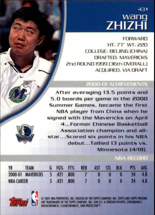 2001-02 Topps Pristine #43 Wang Zhizhi back image
