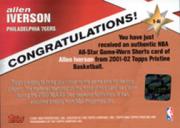 2001-02 Topps Pristine Slice of a Star #SAI Allen Iverson back image