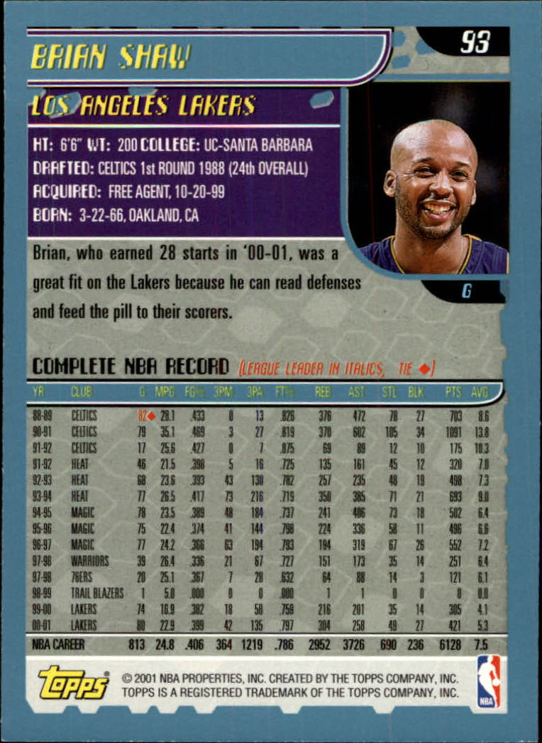 2001-02 Topps #93 Brian Shaw back image