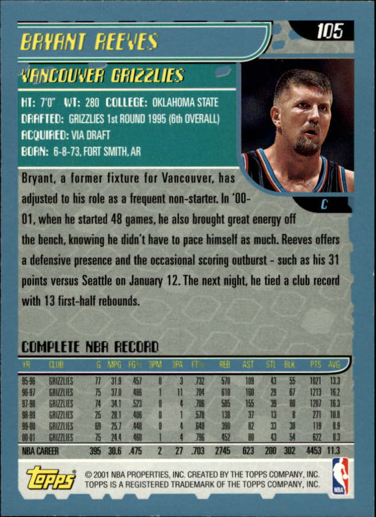2001-02 Topps #105 Bryant Reeves back image