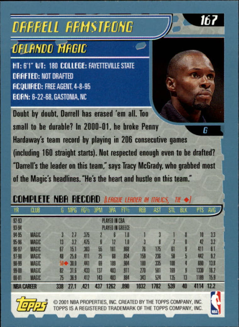 2001-02 Topps #167 Darrell Armstrong back image