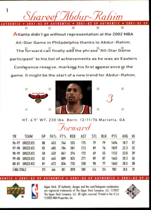 2001-02 SP Authentic #1 Shareef Abdur-Rahim back image