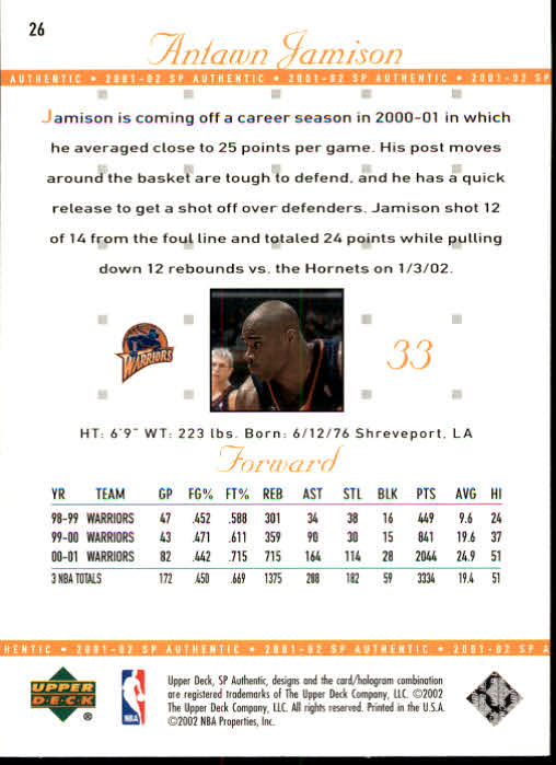 2001-02 SP Authentic #26 Antawn Jamison back image