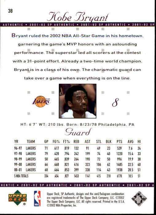 2001-02 SP Authentic #38 Kobe Bryant back image