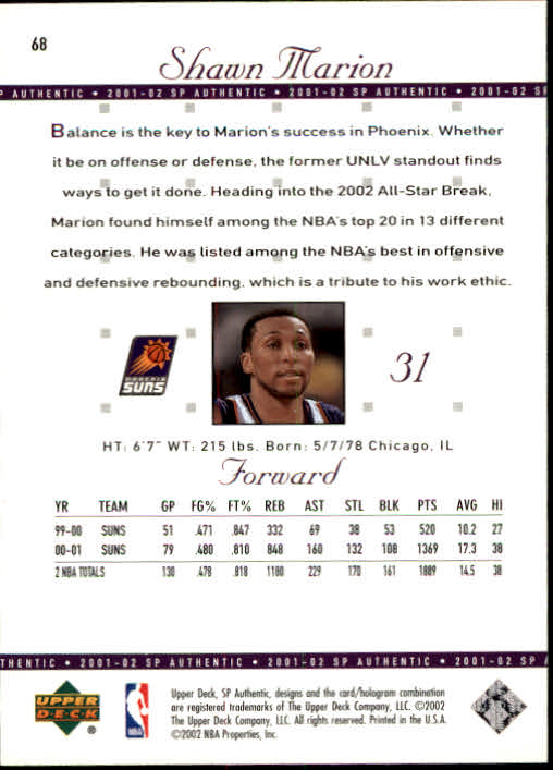 2001-02 SP Authentic #68 Shawn Marion back image