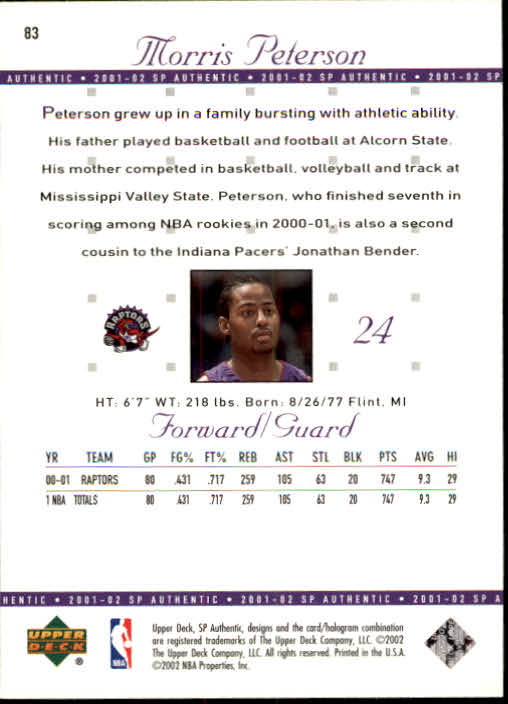2001-02 SP Authentic #83 Morris Peterson back image