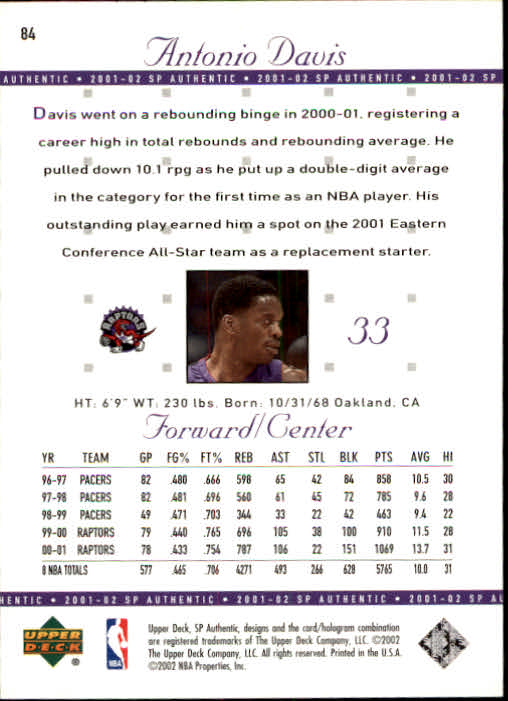 2001-02 SP Authentic #84 Antonio Davis back image