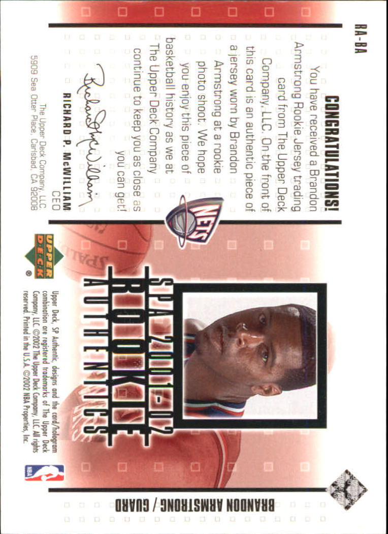 2001-02 SP Authentic Rookie Authentics #RABA Brandon Armstrong back image