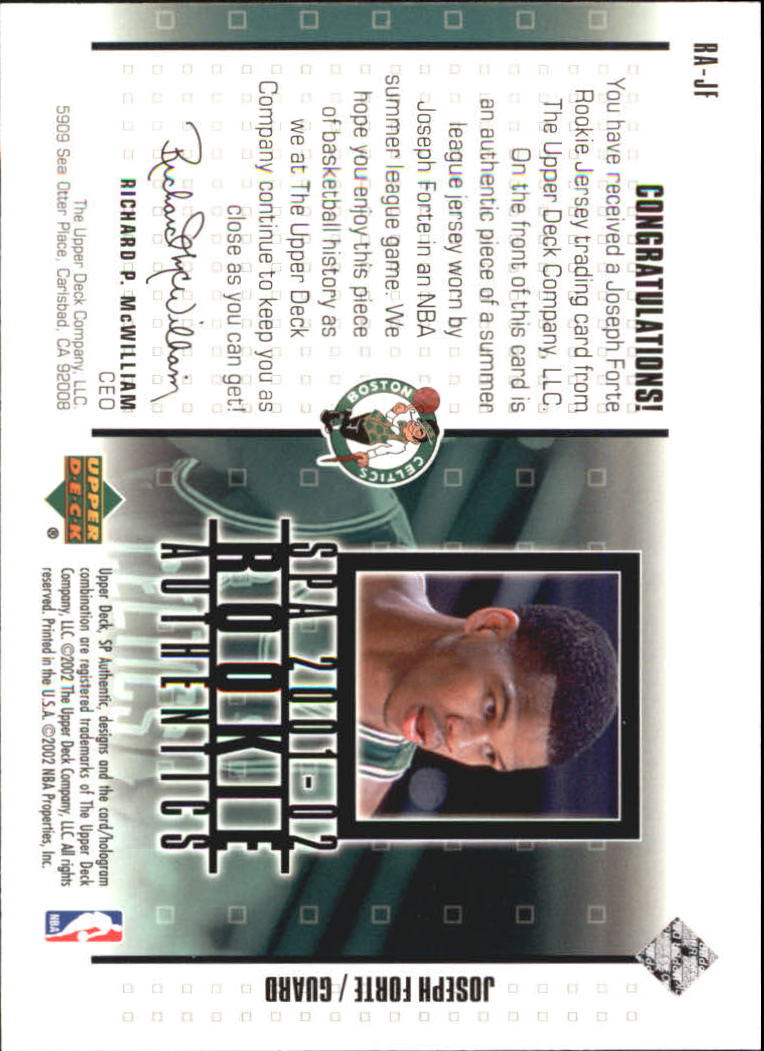 2001-02 SP Authentic Rookie Authentics #RAJF Joseph Forte back image