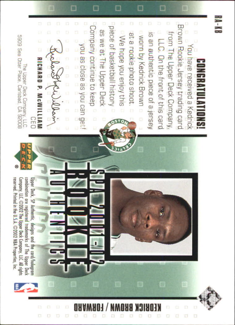 2001-02 SP Authentic Rookie Authentics #RAKB Kedrick Brown back image