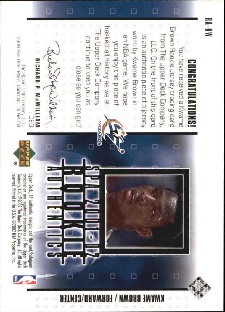 2001-02 SP Authentic Rookie Authentics #RAKW Kwame Brown back image