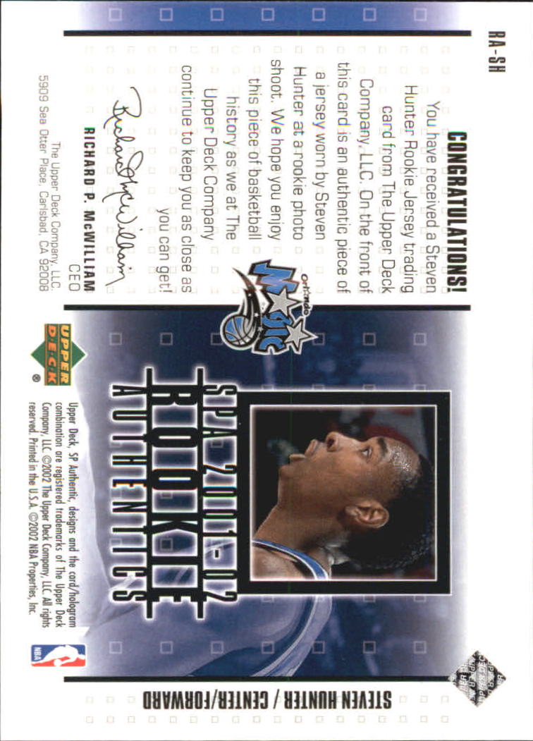2001-02 SP Authentic Rookie Authentics #RASH Steven Hunter back image