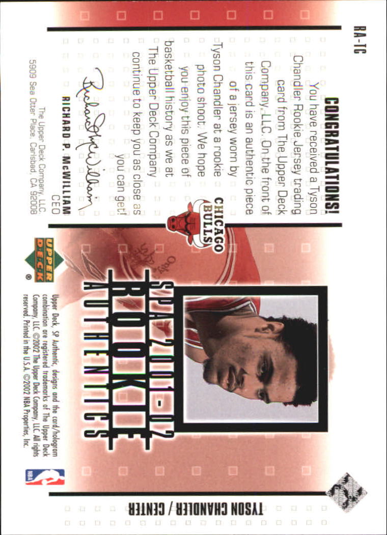 2001-02 SP Authentic Rookie Authentics #RATC Tyson Chandler back image