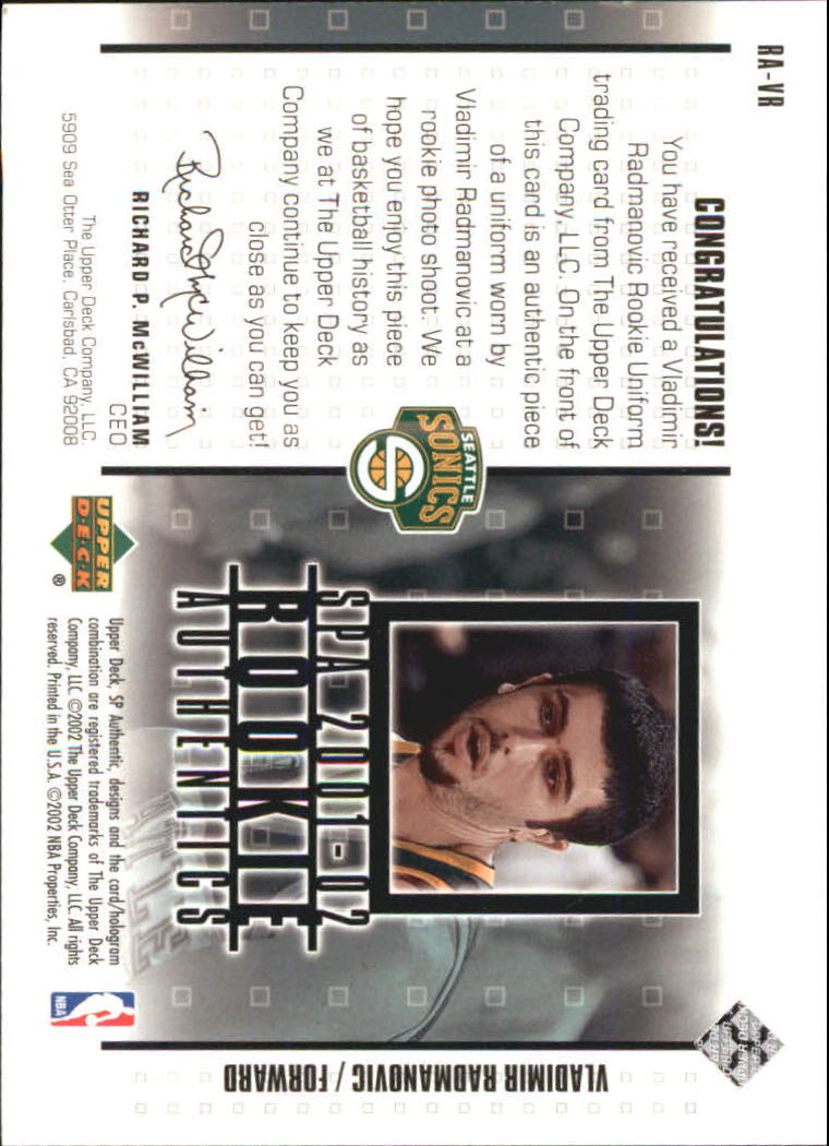 2001-02 SP Authentic Rookie Authentics #RAVR Vladimir Radmanovic back image