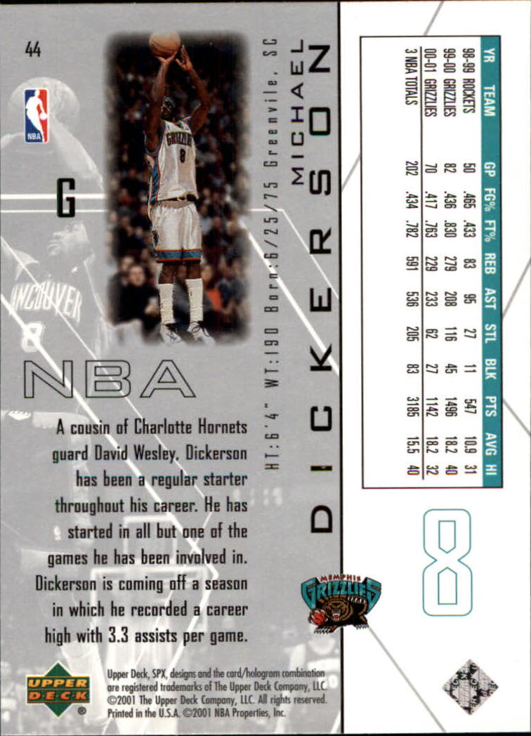 2001-02 SPx #44 Michael Dickerson back image