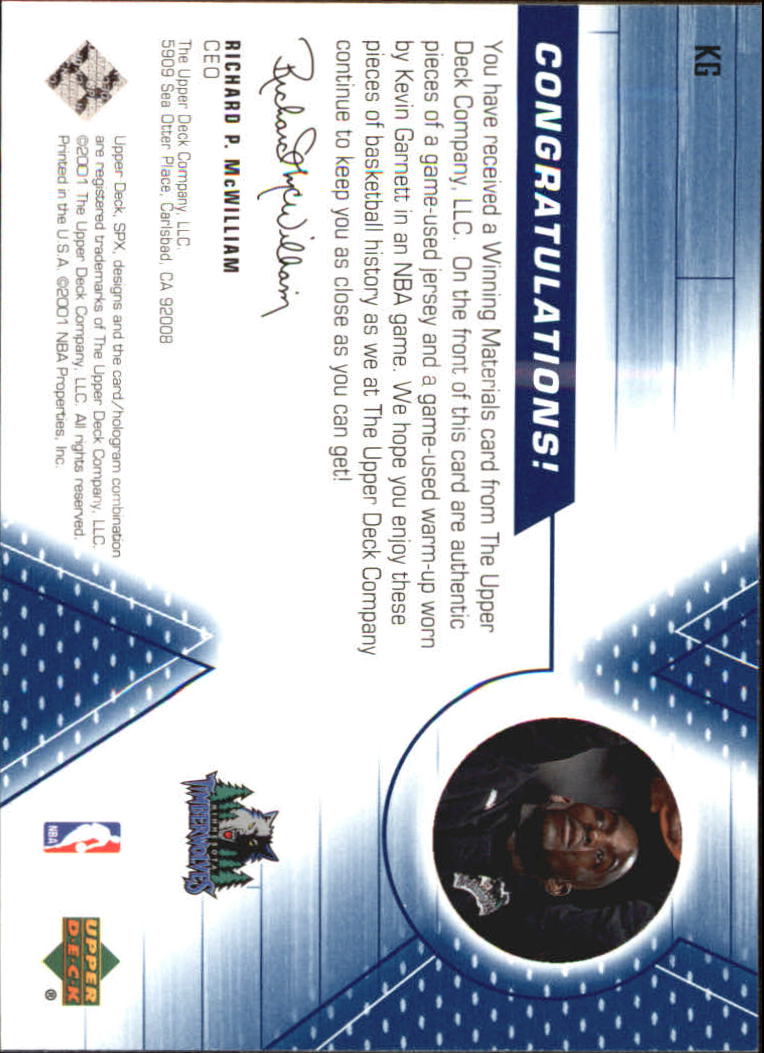 2001-02 SPx Winning Materials #KG Kevin Garnett JSY/WU back image