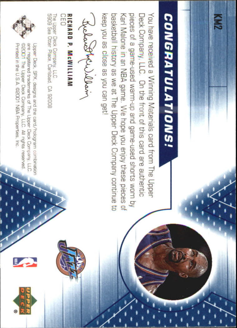 2001-02 SPx Winning Materials #KM2 Karl Malone WU/Shorts back image