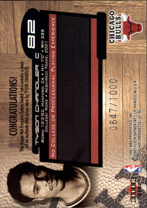 2001-02 Hoops Hot Prospects #82 Tyson Chandler JSY RC back image