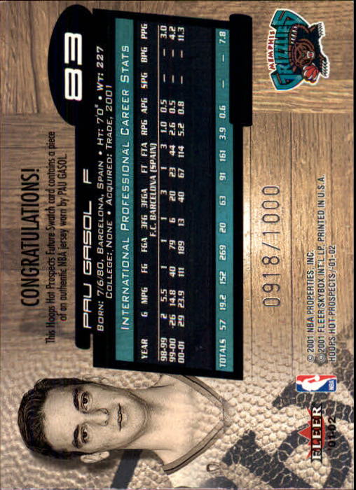 2001-02 Hoops Hot Prospects #83 Pau Gasol JSY RC back image