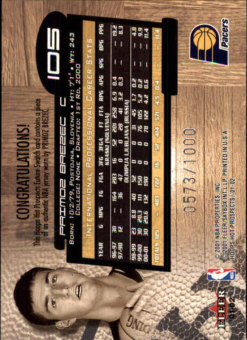2001-02 Hoops Hot Prospects #105 Primos Brezec JSY RC back image
