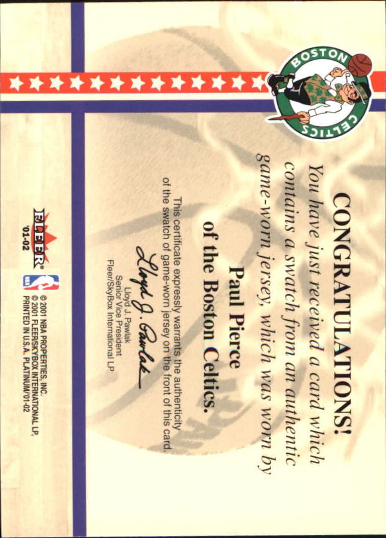 2001-02 Fleer Platinum National Patch Time #16 Paul Pierce back image