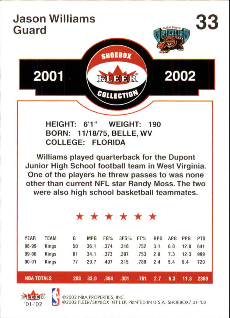 2001-02 Fleer Shoebox #33 Jason Williams back image