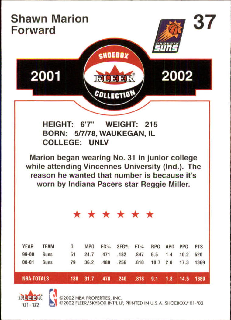 2001-02 Fleer Shoebox #37 Shawn Marion back image