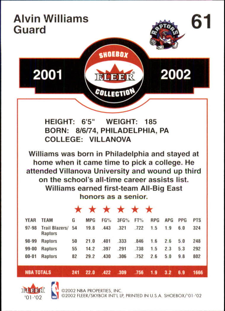 2001-02 Fleer Shoebox #61 Alvin Williams back image
