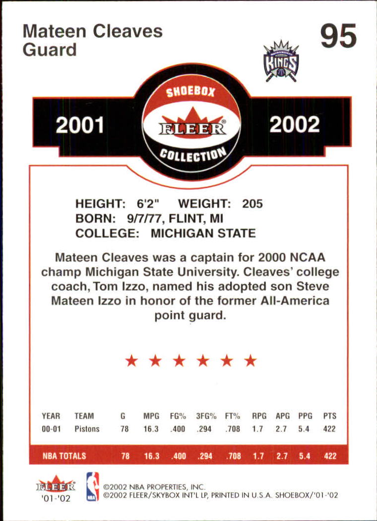 2001-02 Fleer Shoebox #95 Mateen Cleaves back image