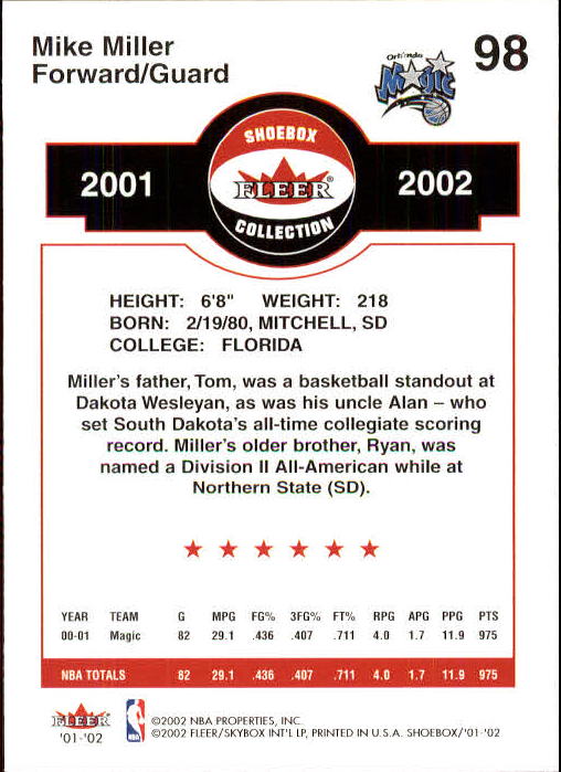 2001-02 Fleer Shoebox #98 Mike Miller back image