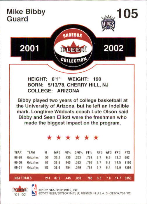 2001-02 Fleer Shoebox #105 Mike Bibby back image