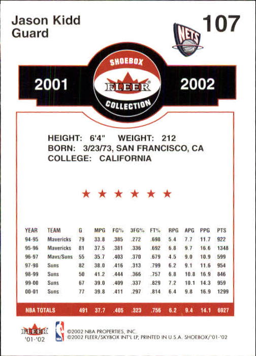 2001-02 Fleer Shoebox #107 Jason Kidd back image