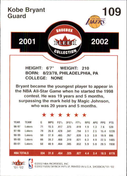 2001-02 Fleer Shoebox #109 Kobe Bryant back image