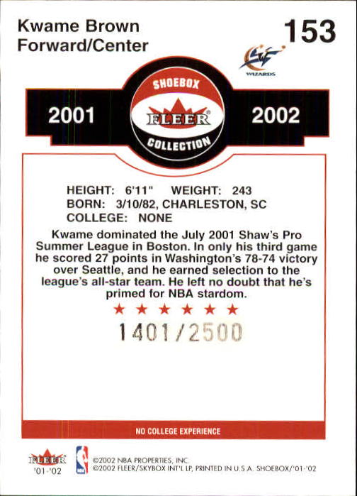 2001-02 Fleer Shoebox #153 Kwame Brown RC back image