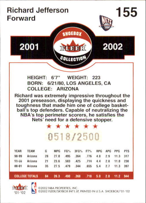 2001-02 Fleer Shoebox #155 Richard Jefferson RC back image