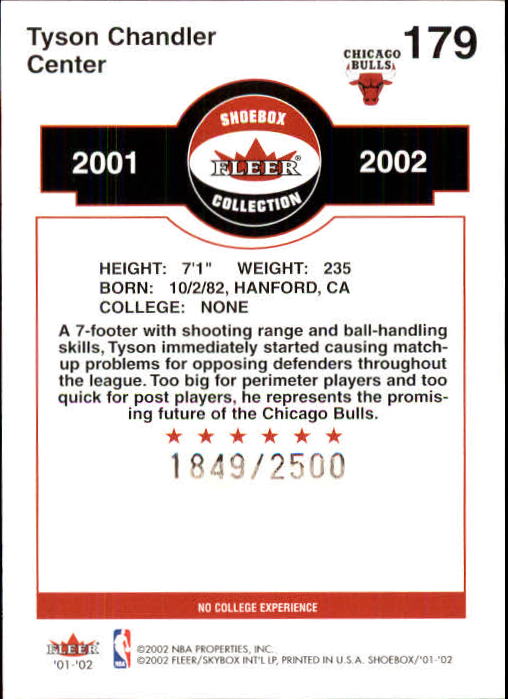 2001-02 Fleer Shoebox #179 Tyson Chandler RC back image
