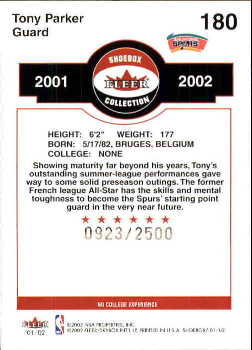2001-02 Fleer Shoebox #180 Tony Parker RC back image