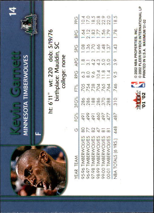 2001-02 Fleer Maximum #14 Kevin Garnett back image