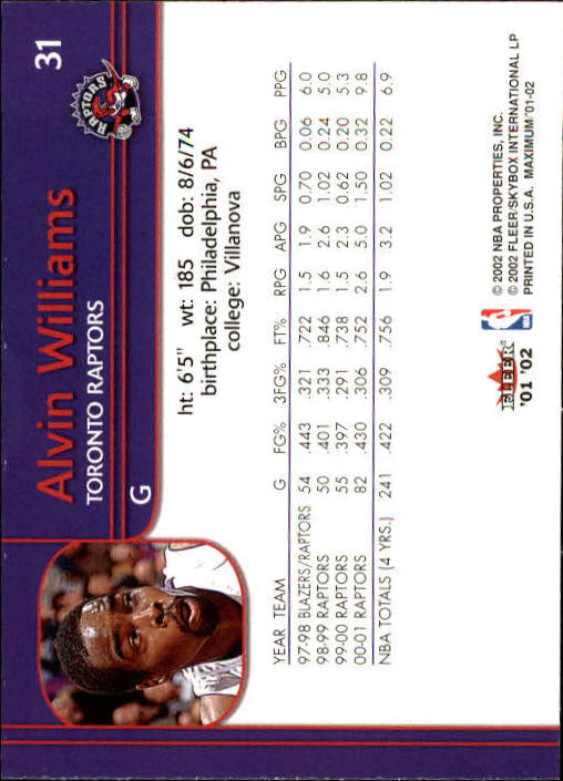 2001-02 Fleer Maximum #31 Alvin Williams back image