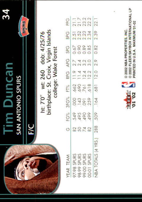2001-02 Fleer Maximum #34 Tim Duncan back image