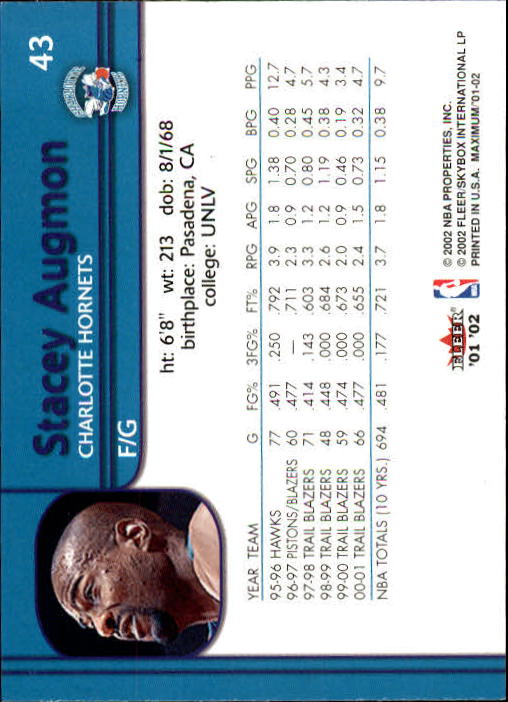 2001-02 Fleer Maximum #43 Stacey Augmon back image