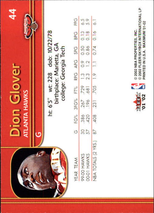 2001-02 Fleer Maximum #44 Dion Glover back image