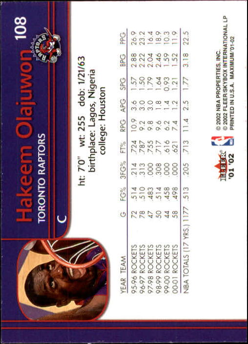 2001-02 Fleer Maximum #108 Hakeem Olajuwon back image
