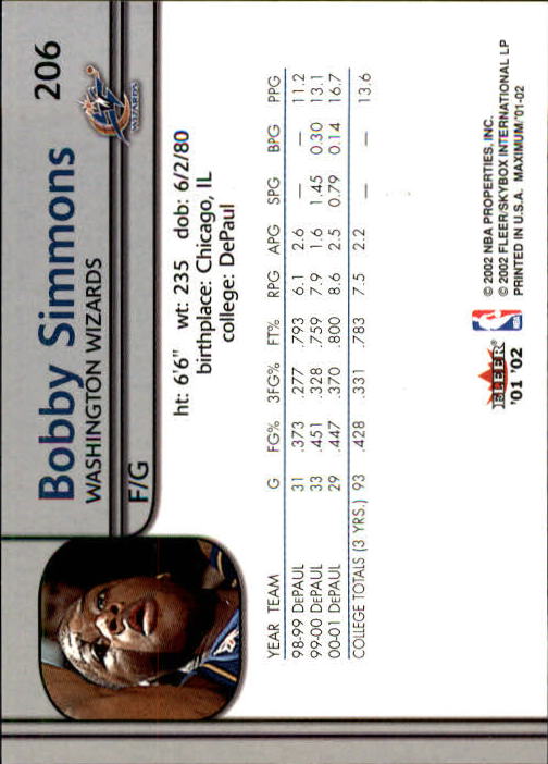 2001-02 Fleer Maximum #206 Bobby Simmons TC RC back image