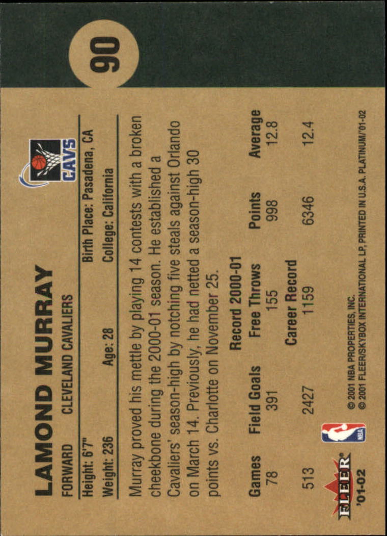 2001-02 Fleer Platinum #90 Lamond Murray back image