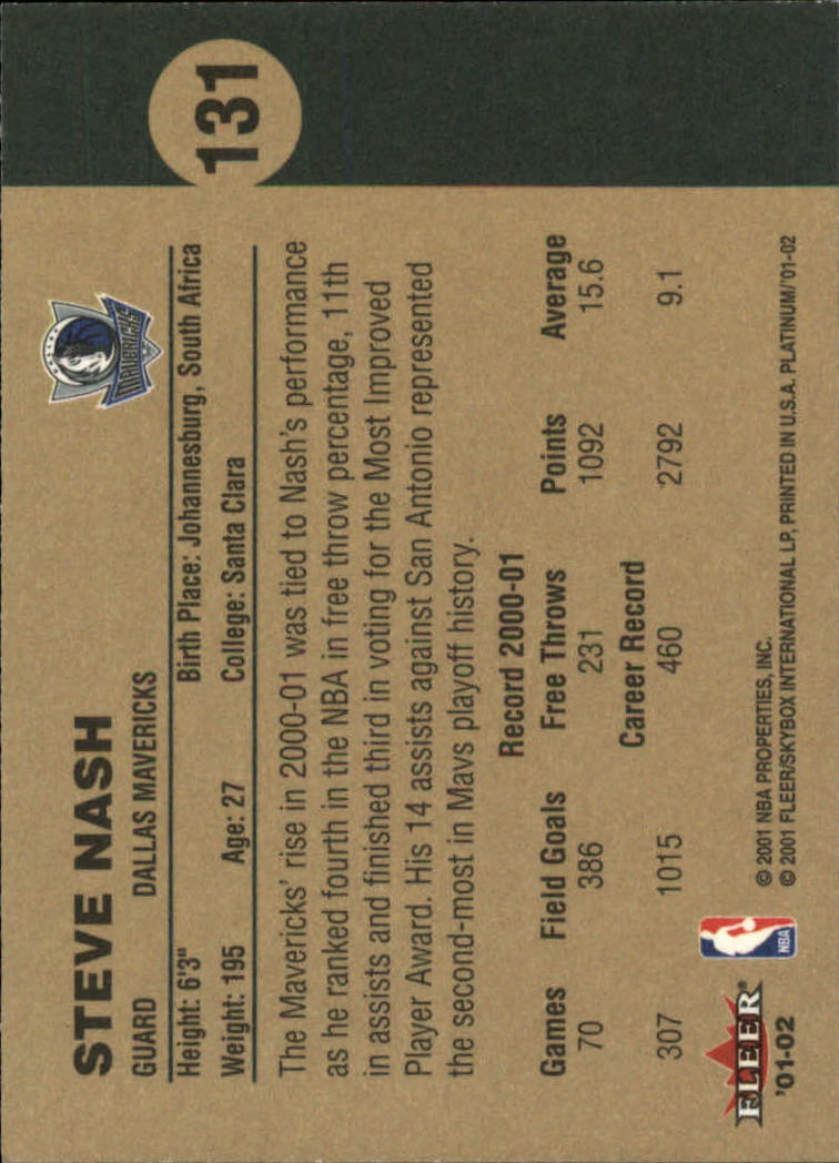 2001-02 Fleer Platinum #131 Steve Nash back image