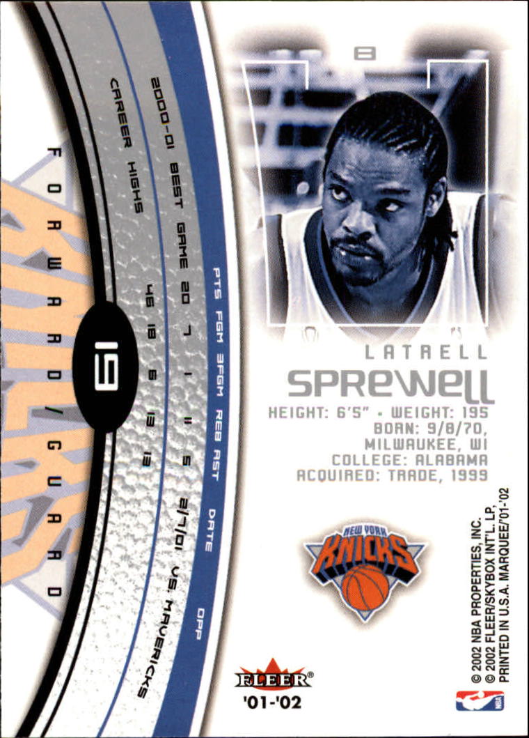 2001-02 Fleer Marquee #19 Latrell Sprewell back image