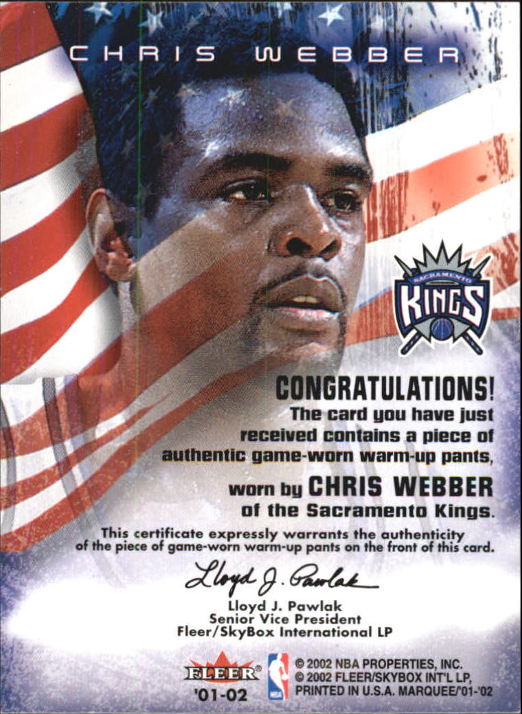 2001-02 Fleer Marquee Banner Season Memorabilia #CW Chris Webber back image