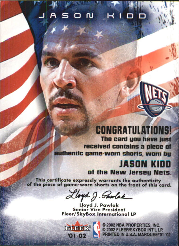 2001-02 Fleer Marquee Banner Season Memorabilia #JK Jason Kidd back image