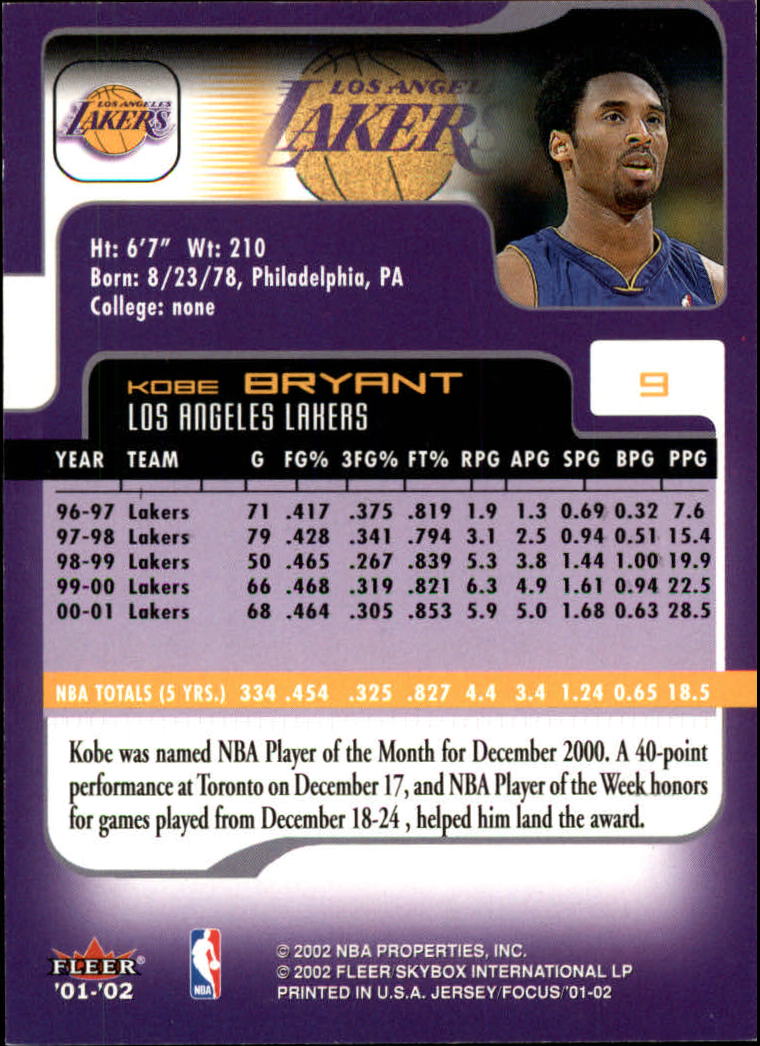 2001-02 Fleer Focus #9 Kobe Bryant back image